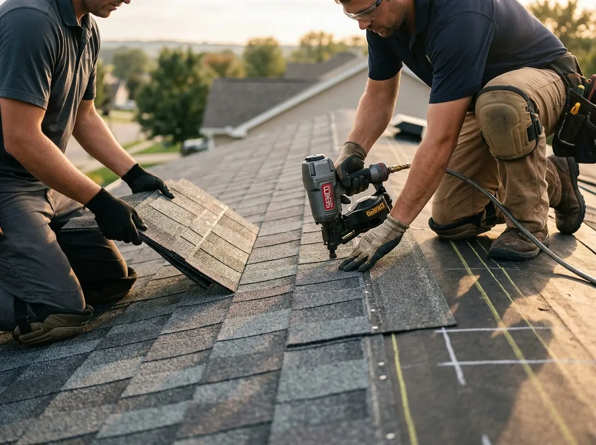 Professional roofer working on a residential roof in Louisburg